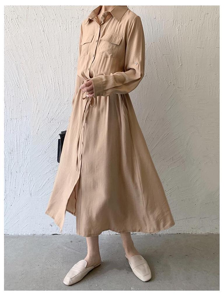 2024 Japanese & Korean Style Sleeveless Pocket Long Swing Casual Lapel Shirt Dress