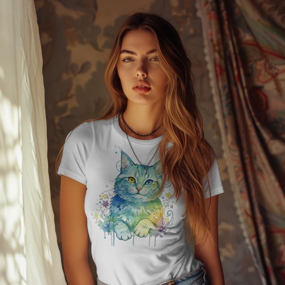 

Watercolor Colorful Cat Cute Pet Tee Gift for Cat Lovers, Vibrant Kitty T-shirt 4XL