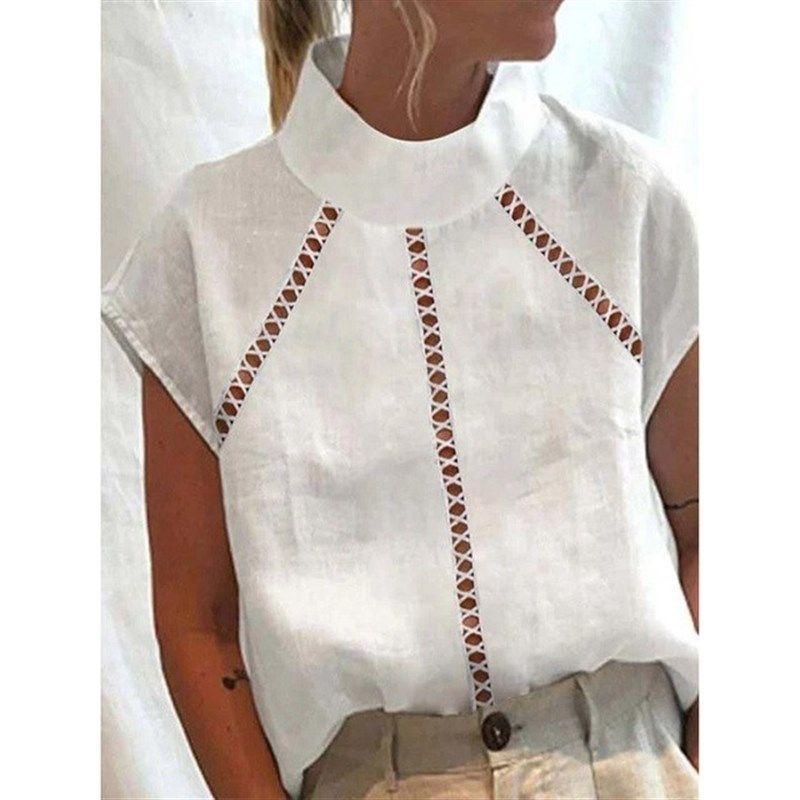 

Womens Cotton Linen Shirts Stand Collar Short Sleeve Blouses 04 M