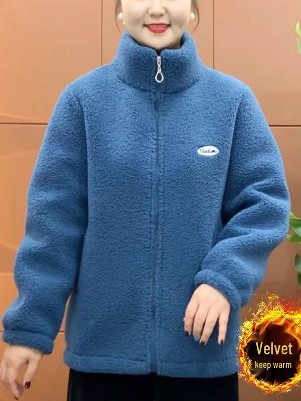 Autumn/Winter Fleece-Lined Outerwear for Middle-Aged Women: Warm, Thick, Loose Cotton Top