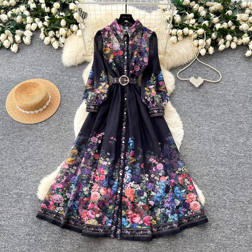 Vintage Black Floral Printted Maxi Dress Long Chiffon Sleeve Elegant Spring Palace Print Single-breasted Shirt Dress with Belt
