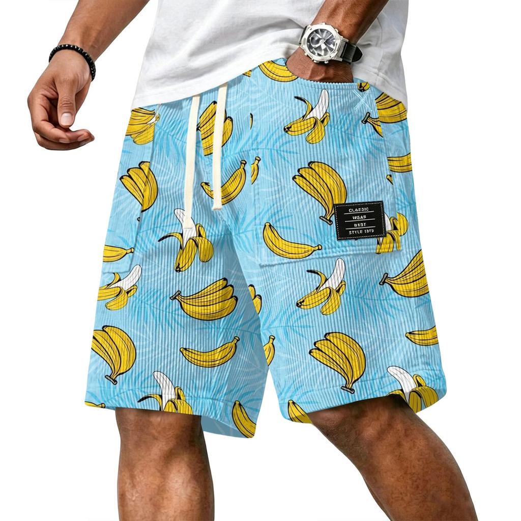 Men Casual Corduroy Drawstring Shorts Hawaiian Style Lightweight Breathable Beachwear with Pockets Comfortable Fit