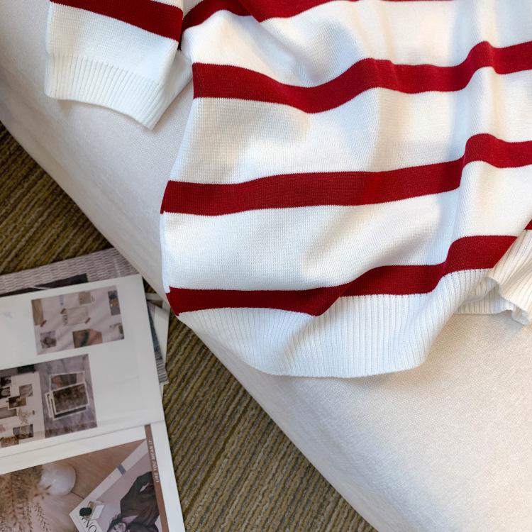 Damen Gestreiftes V-Ausschnitt Kurzarm Eisseide Stricktop