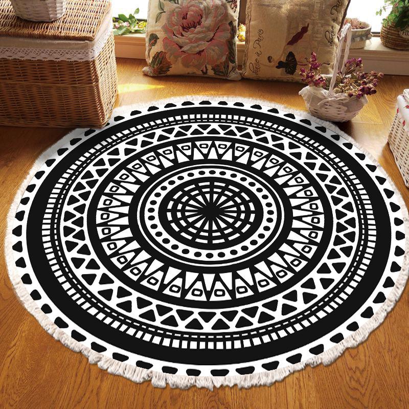 Nordic Cotton and Linen Home Leisure Non-slip Fringed Printed Round Carpet Living Room Floor Mat Bedroom Bedside Blanket