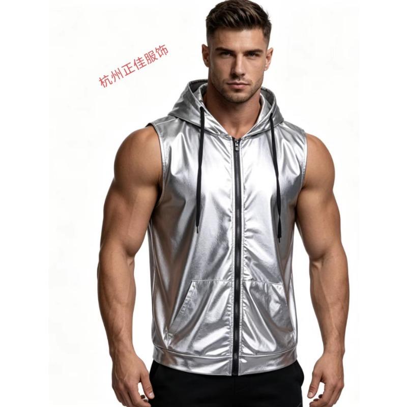 Mens Metallic Hooded Sleeveless Zip Up Vest S