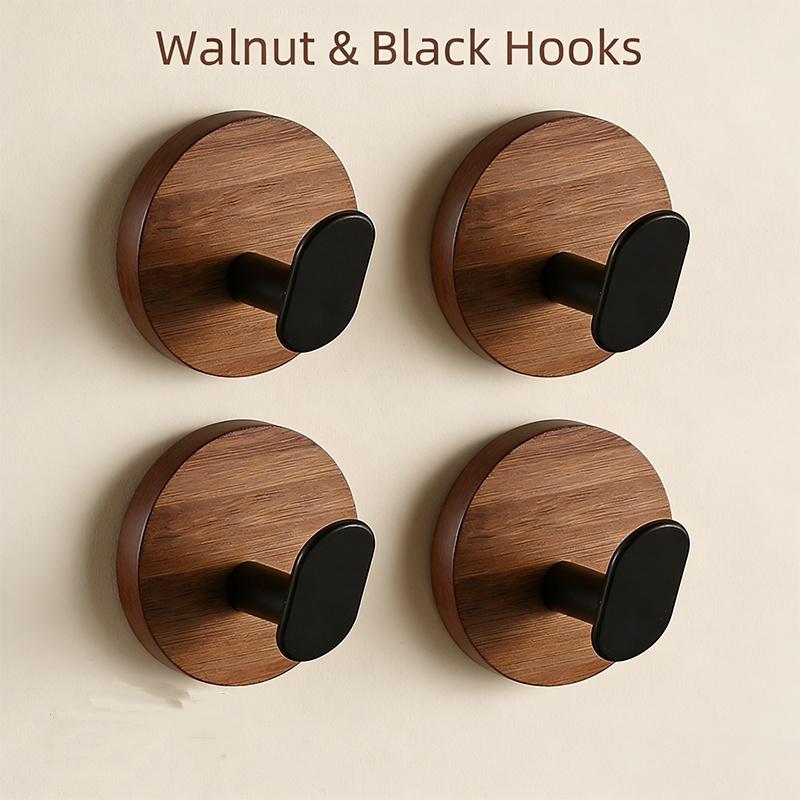 Round Walnut Wood Hooks, Walnut Wood No-Drill Hooks,Strong Adhesive Wall-Mounted Hooks,Door Back Kitchen Bathroom Storage Hooks