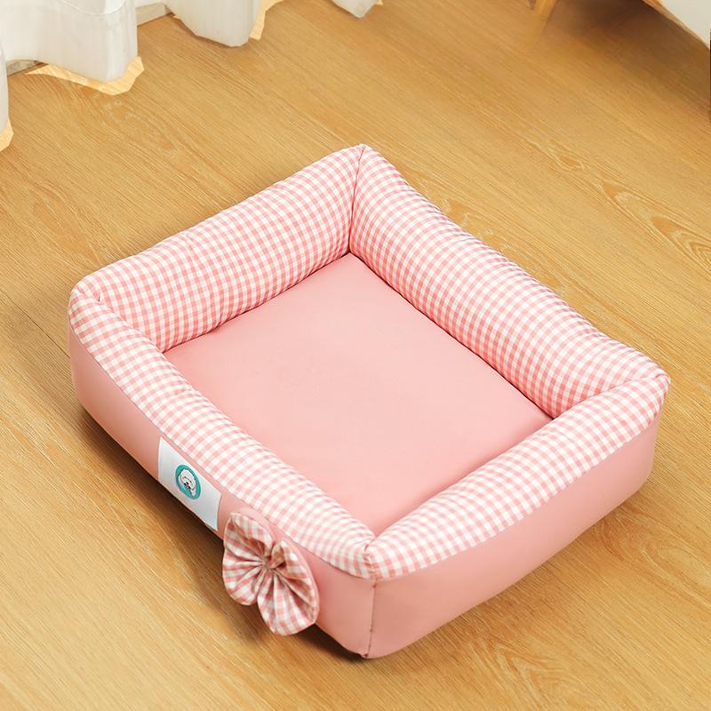 New Plaid Square Kennel and Cat Kennel for All Seasons Cute and Comfortable Dog Mat with Bow Shape