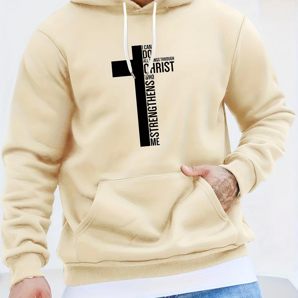 Men's 2025 Creative Black & White Cross Pattern Hoodie with Curved Hood