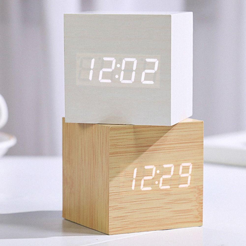 Voice Control Square Digital LED Alarm Clock Retro USB/AAA Powered Glow Clock Wood Multifunctional Desk Clock Gift
