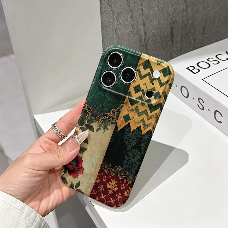 Noble Green Gold Baroque Patchwork Floral Art Graphic Film Aesthetic Protective Shockproof Bumper Case For iPhone 13 14 15 16 17 Pro Max Plus