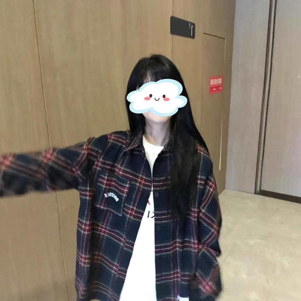 Women's Burgundy Retro Plaid Embroidered Shirt - Trendy, Loose-Fit, Long-Sleeve Jacket for Spring/Summer