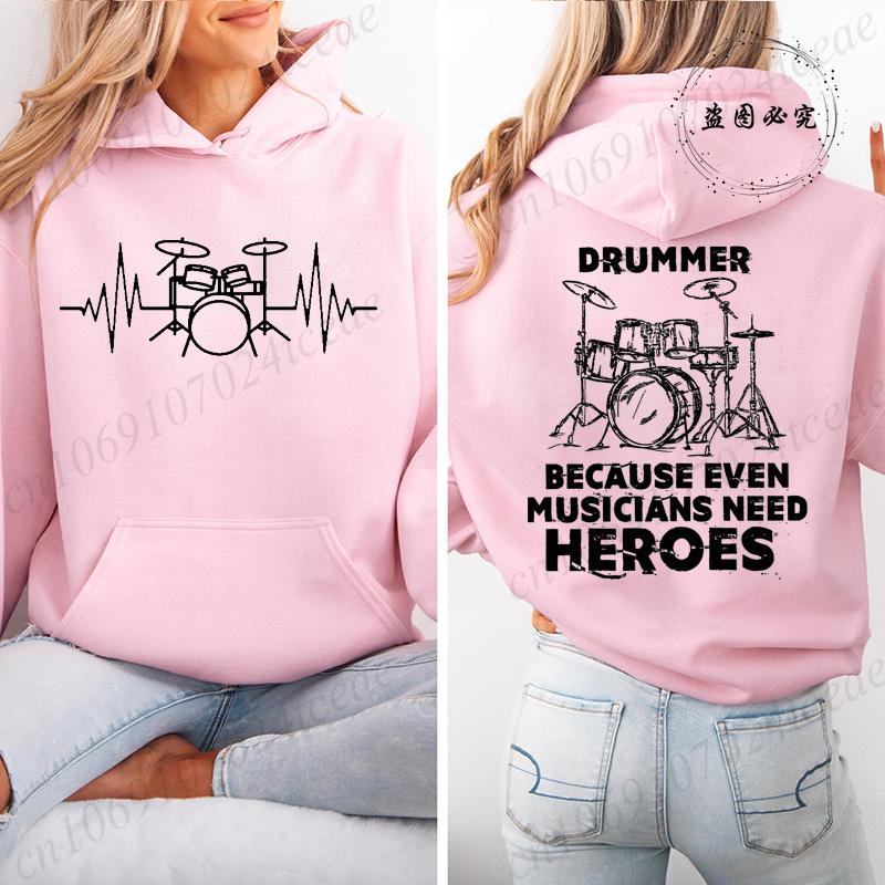 Autumn Fleece Hoodie Drum Heartbeat Print Hooded Drummer Fashion Sweatshirt Long Sleeve Top Drumming Music Musician Band Hoodies