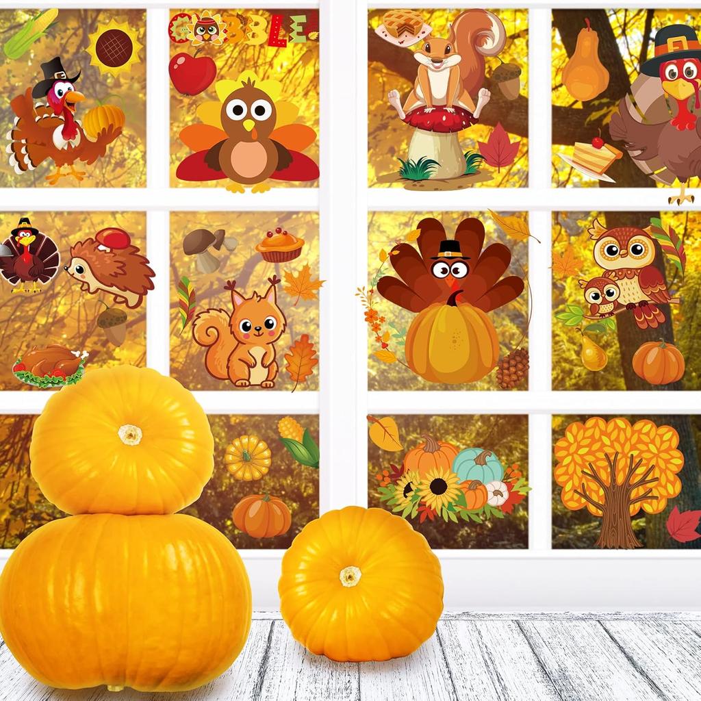Thanksgiving Fall Window Clings Decorations, 10 Sheets Thanksgiving Window Stickers for Kids Home Office Classroom Party Glass Windows Double Sided