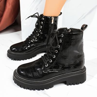 Fashion Patent Leather Thick Sole Ankle Boots Women Fashion Lace Up Zipper Black Platform Boots Woman Comfy Plus Size Motorcycle Shoes