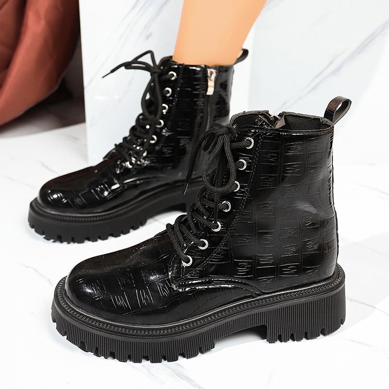 Fashion Patent Leather Thick Sole Ankle Boots Women Fashion Lace Up Zipper Black Platform Boots Woman Comfy Plus Size Motorcycle Shoes