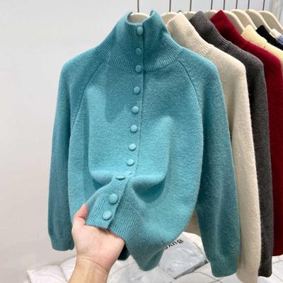 Blue White Turtleneck Sweater Thickened Women's Spring Single-breasted Cardigan Jacket Temperament Premium Top