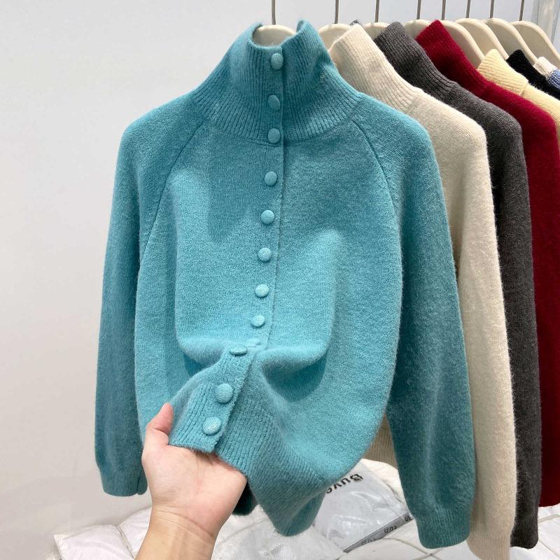 Turtleneck thickened sweater women's single-breasted knitted jacket top spring soft waxy loose and thin cardigan