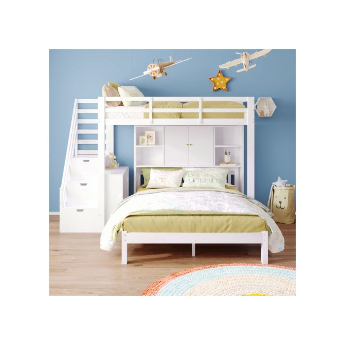 Etagenbett - MUVOE - 90x200/140x200 - Stauraumtreppe - Großer Stauraum - Massivholz/MDF weiß
