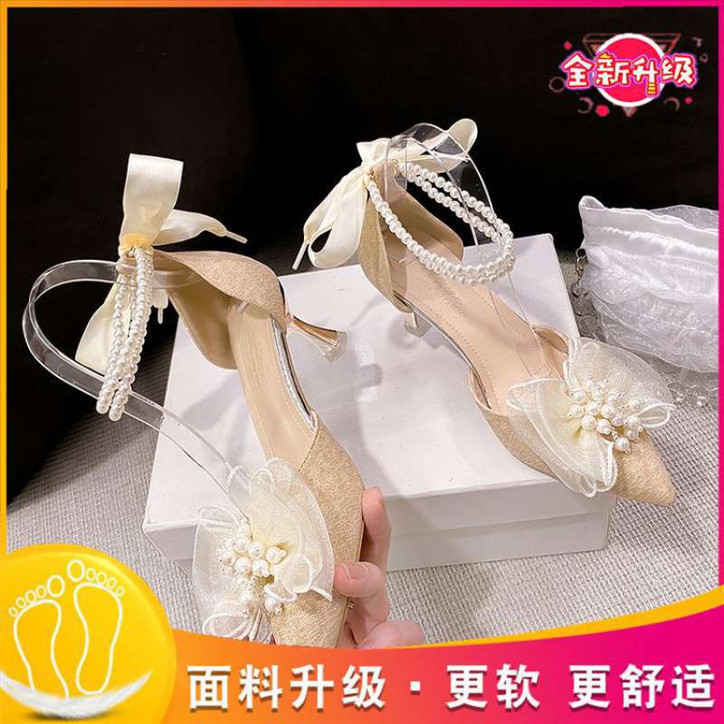 Medium heel stiletto high heels women's sandals 2025 summer new one-word buckle bow single shoes fairy style work shoes