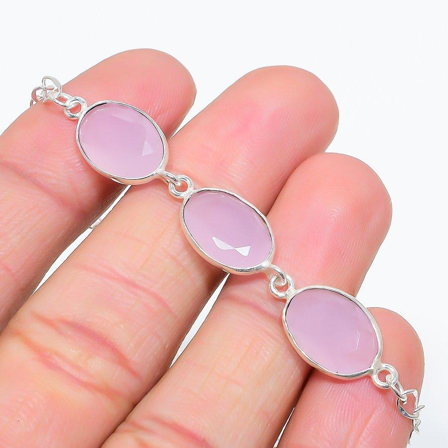

Pink Chalcedony Gemstone Handmade 925 Sterling Silver Jewelry Bracelet 7-8 GK-6339