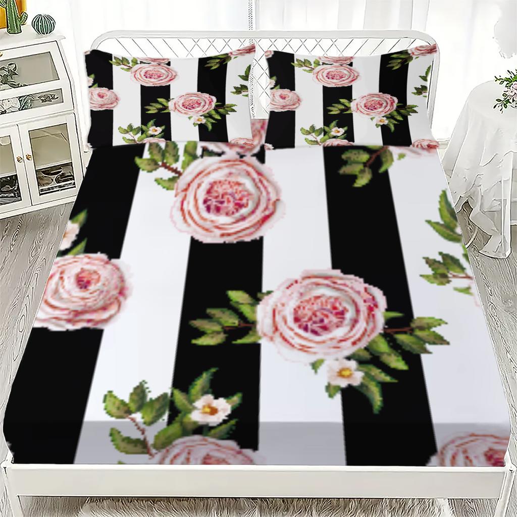 3pcs Fitted Sheet Set Black And White Stripes With Pink Flowers Bed Sheet With Pillowcases For Bedroom Decor