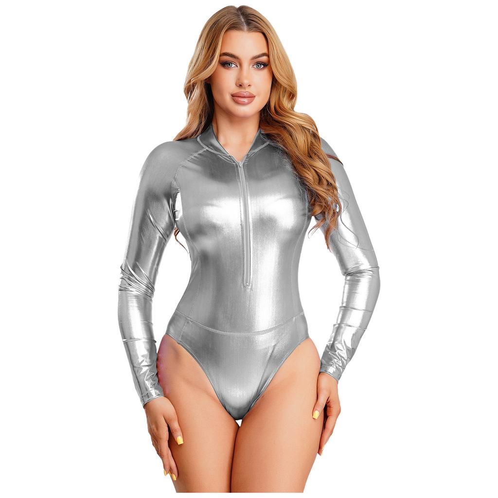 Leotardo Brillante de una Pieza para Mujer Manga Larga Cremallera Delantera Body Metálico Bañador de Gimnasia