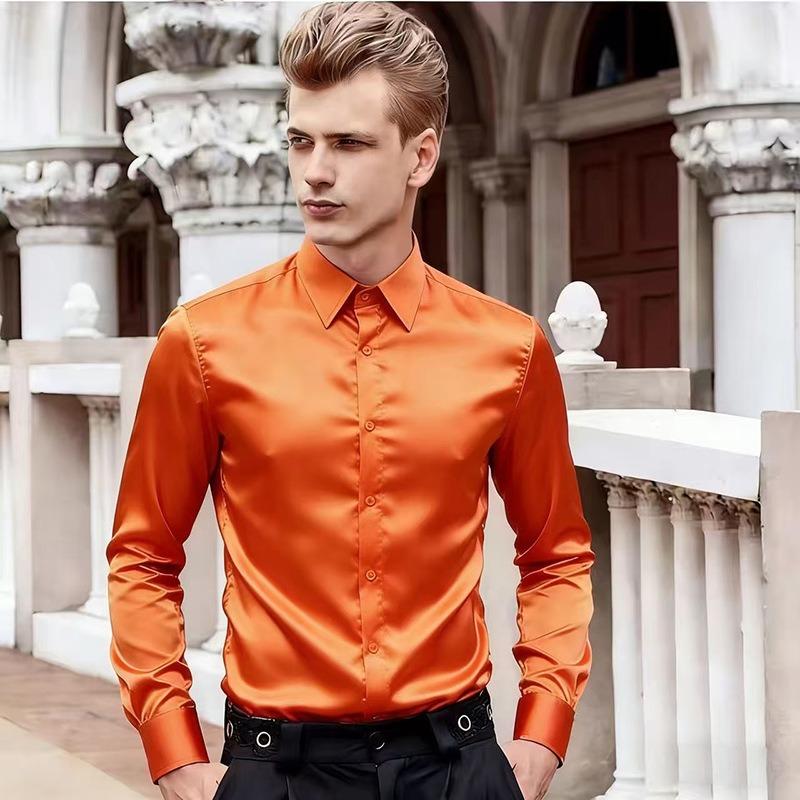 Mens White Long Sleeve Lapel Collar Slim Fit Formal Dress Shirt