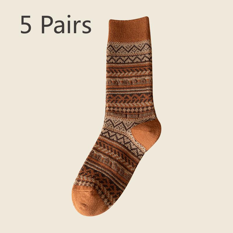 5 Pairs of Female Spring and Autumn Retro Folk Wind Tube Pile Socks