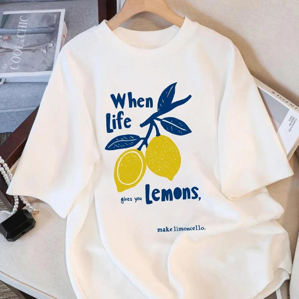 Lemons Fruit Market Creative Print Women T Shirts O-Neck T-Shirt Summer Clothes All-Match Comfortable Streetwear