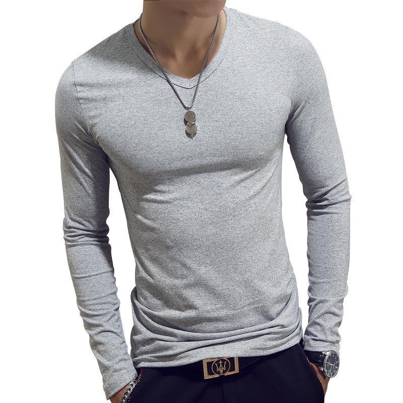 Elastic Mens T-Shirt V-Neck Long Sleeve Men T Shirt For Male Cotton T-Shirts Man Clothing TShirt Top Tees