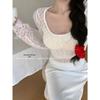 Spicy Style Sexy Lace See-through Hollow Long Sleeve Women's Autumn Winter Slim Short Top