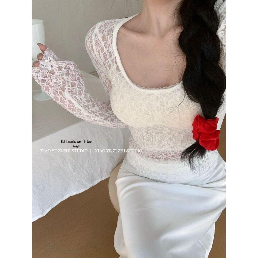 Spicy Style Sexy Lace See-through Hollow Long Sleeve Women's Autumn Winter Slim Short Top