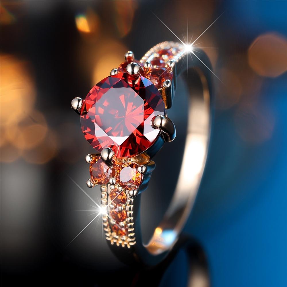 Kristall Damen Rot Zirkon Runder Stein Verlobungsring Vintage Goldfarbe Eheringe Für Damen Herren