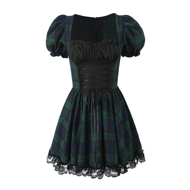 

Dark Princess Blue Green Lace-up Waist-Controlled Square Collar Dress Blue and Green Grid S