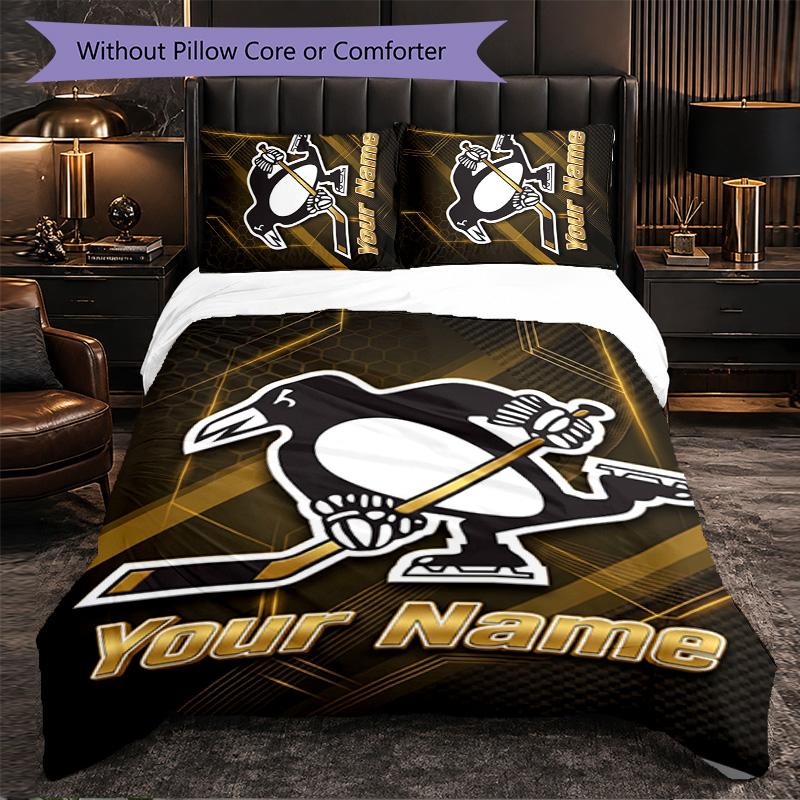 Pittsburgh Penguins Customized Name Text Bedding Set, 1 Duvet Cover & 2 Pillowcases Personalized Bedroom Gift