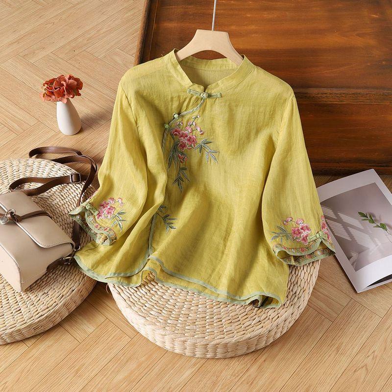 

Leak-Picking ~ Counter Tail Goods Cotton and Linen Retro Diagonal Buckle Shirts Women Summer Loose Stand Collar 3/4 Sleeve Top Women Yellow M