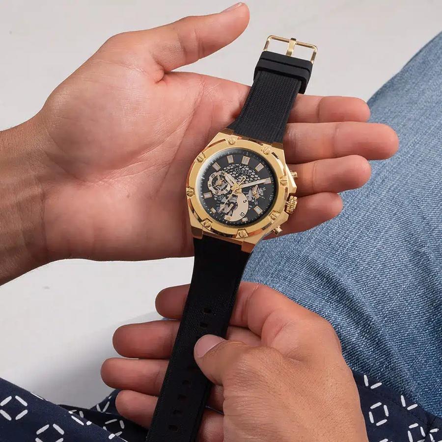 Third Grear Multi Function Aurichalceous Dial Black Rubber Strap Watch For Men For Daily Work And Outdoor Sport GW0334G2