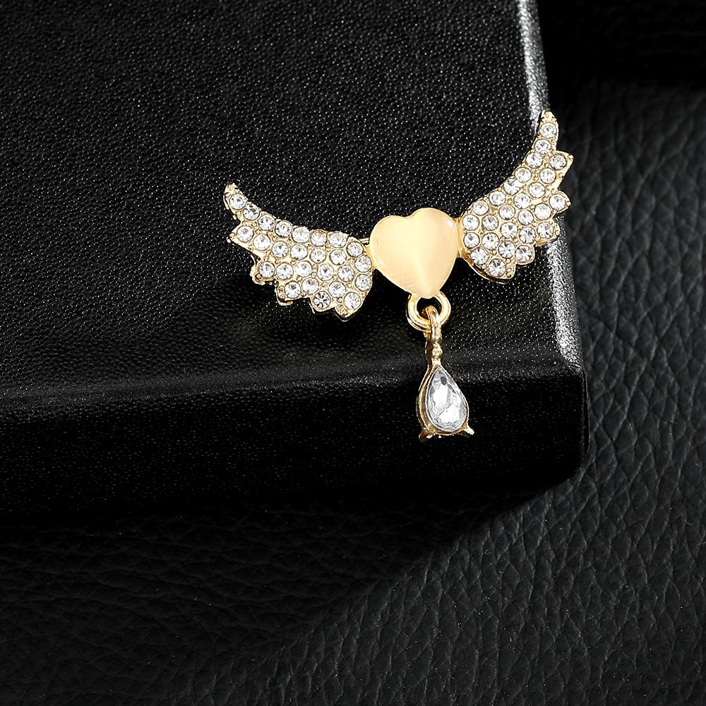 Women Dazzling Wings Heart With Water-Drop Design Crytsal Brooches Beauty Full Rhinestone Paved Golden Lapel Pins For Lady Girls