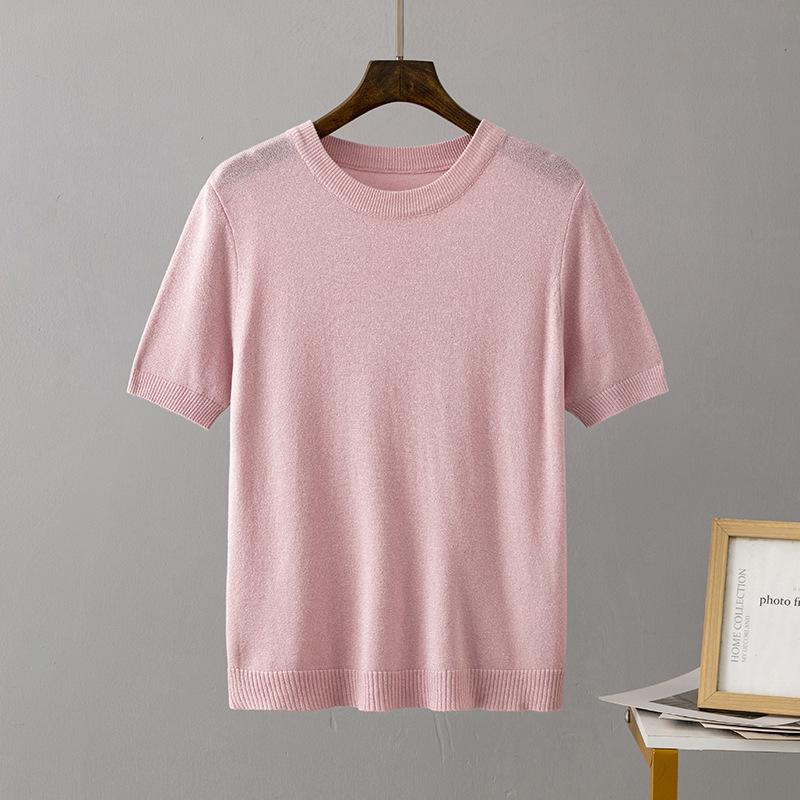 Pletená trička Jednobarevná Kulatý výstřih Krátký rukáv pro ženy Volné pulovrové topy Retro styl Stylové dámské Lesklé ledové hedvábí Šifonové halenky Košile