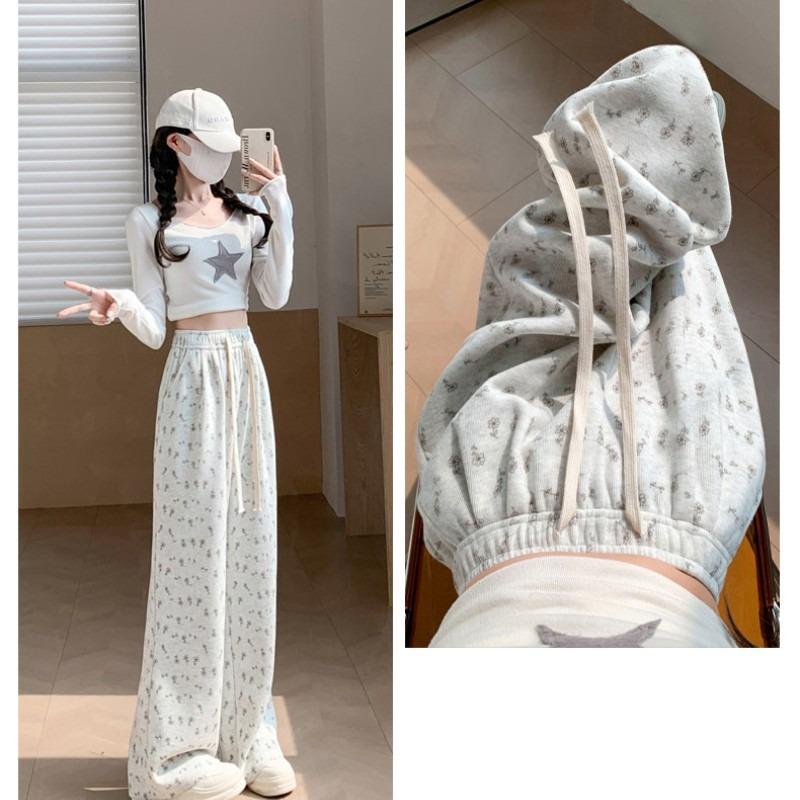 Floral White Lazy Wide-leg Pants Women's Spring and Autumn New Loose Straight Casual Sweatpants Small Sweatpants