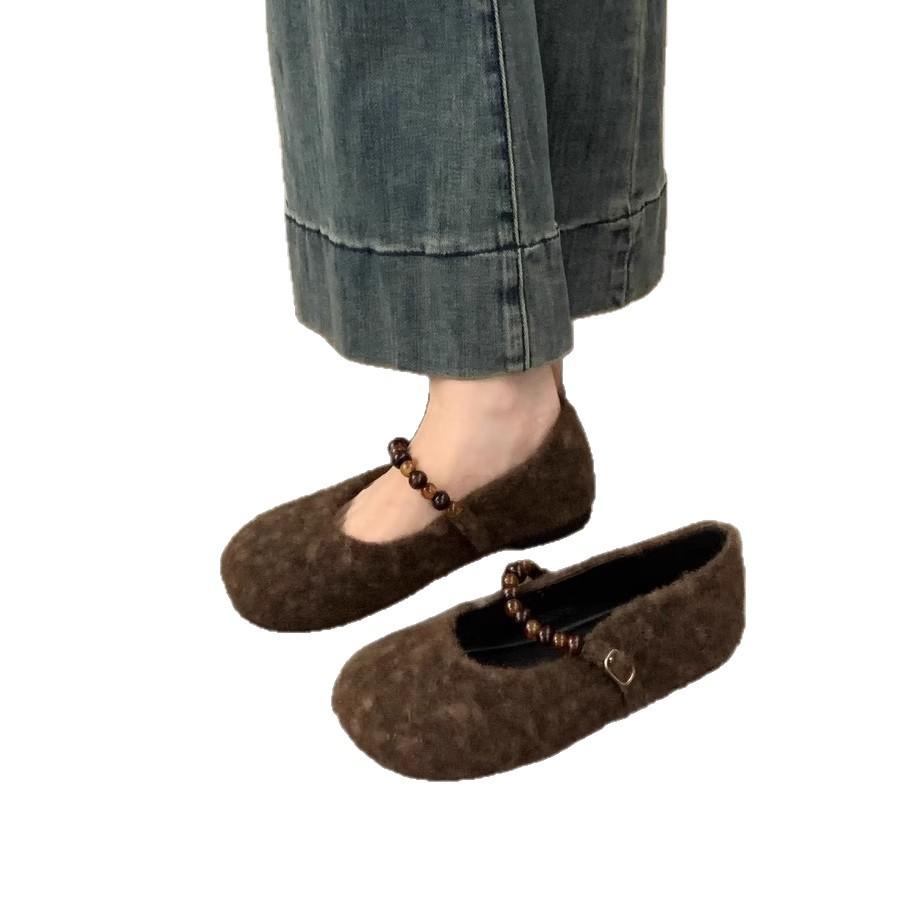 French flat-bottomed fairy wind lamb wool round head pearl word with fluffy shoes women wear autumn and winter new cotton ladyshoes