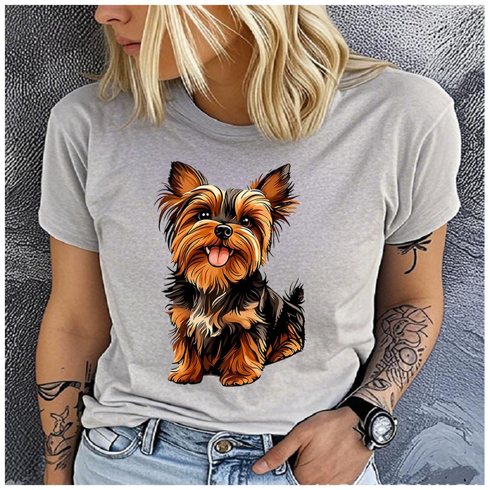 Cotton Cute Smiling Yorkshire Terrier Puppy Print Women T Shirt Fluffy Yorkie Dog Graphic Pet Lover Casual Short Sleeve Tee