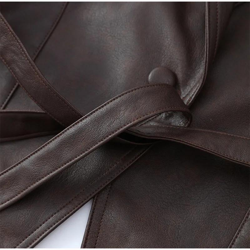 2024 Autumn/Winter Cross-border Fashion Lapel Tie Long Sleeve Leather Jacket