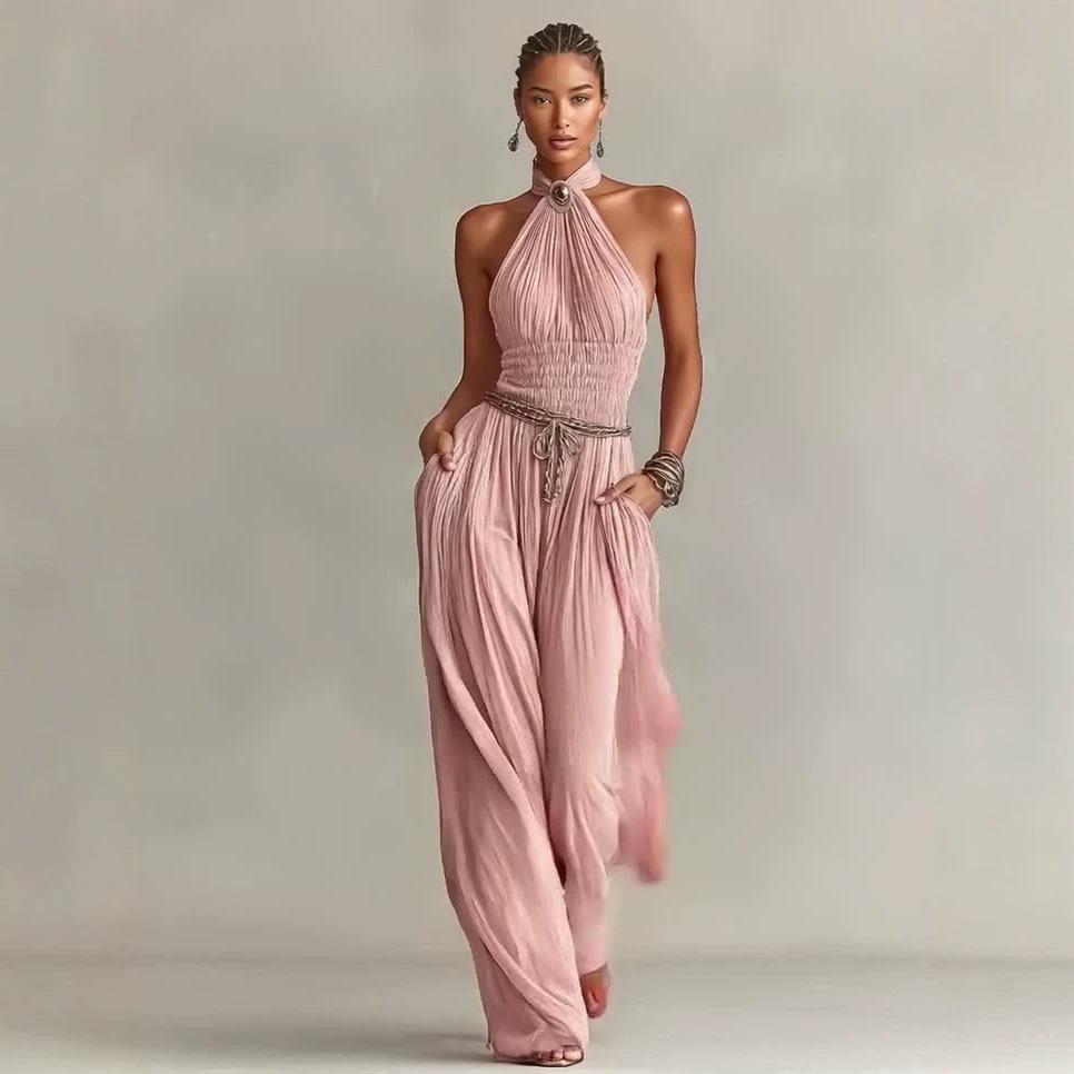 Conjunto de dos piezas de primavera y otoño transfronterizo: top sin mangas con cuello halter plisado y pantalones anchos holgados
