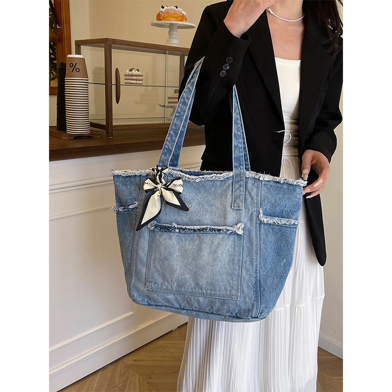 Fashi new large bag Korean style simple fashi versatile denim bow commuter design single shoulder handbag casual bag