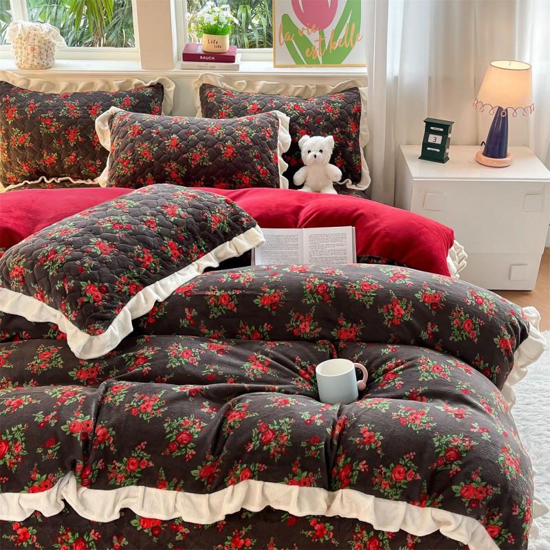 Thick Warm Milk Coral Fleece Bedding Set Floral Bedspread Quilt Cover Lace Trim Home