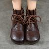 Johnature Genuine Leather Round Toe Flat Short Boots Soft Soled Lace Up Women's Shoes