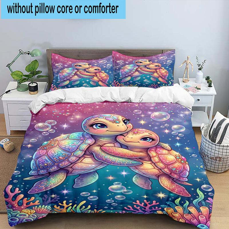 Underwater Two Sea Turtles 3pcs Bedding,Including 1pc Duvet Cover And 2pcs Pillowcases Perfect for Christmas,Ideal for Bedroom, Dormitory