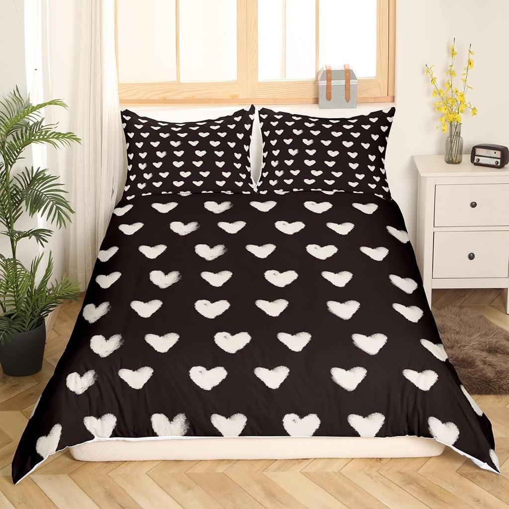 Black White Heart Duvet Cover Set Geometric Bedding Set Pillowcases Cartoon Love Heart Quilt Cover Valentine Day Gift Double