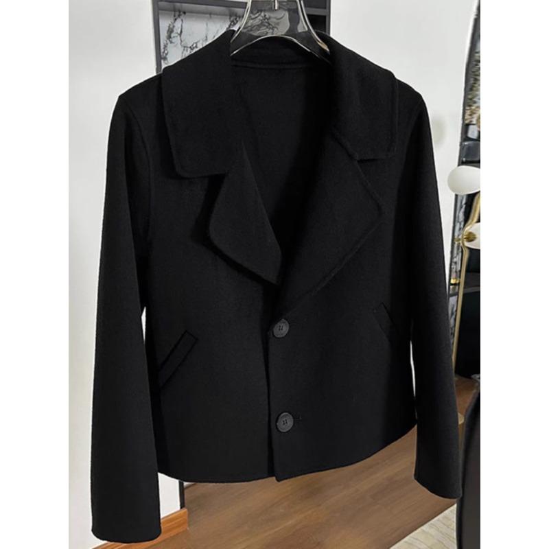 

Двусторонний шерстяной пиджак для женщин на весну, осень и зиму, новый стиль, небольшое шерстяное пальто темперамент 2XL чёрный